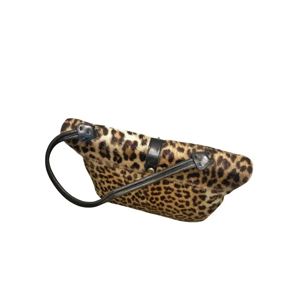 Vintage 60s 70s Leopard Calf Hair Leather Top Handle Bag Brass Hardware Purse
